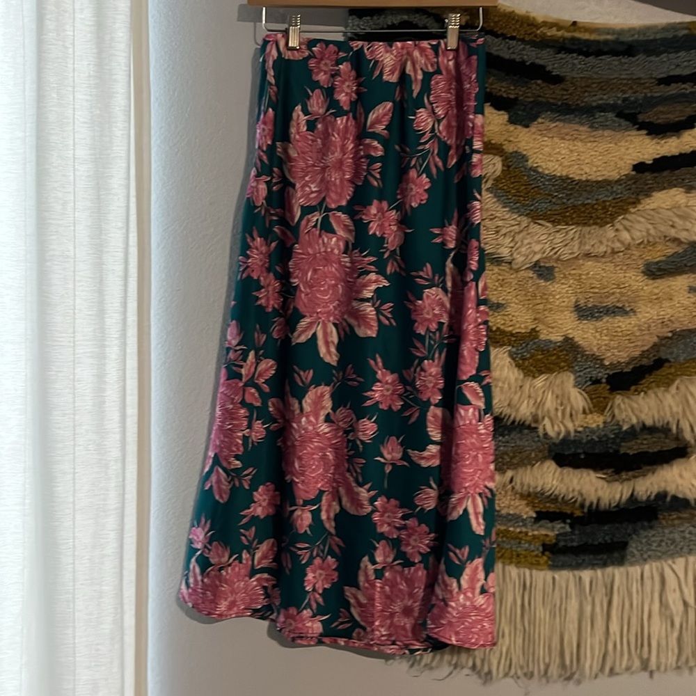 Anthropologie Floral A-Line Skirt in Pink and Teal